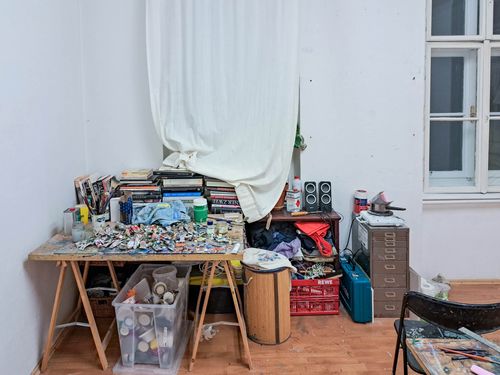 Paintings in progress during an intensive workshop session