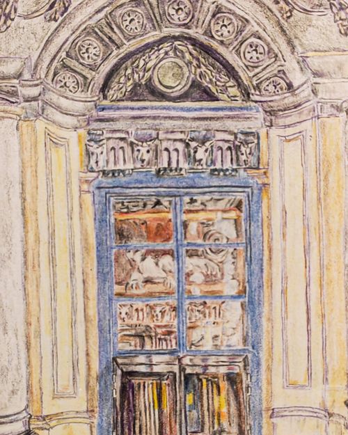 Cropped close-up of a Baroque doorway drawing showing the arched pediment and ornamental frieze in detail