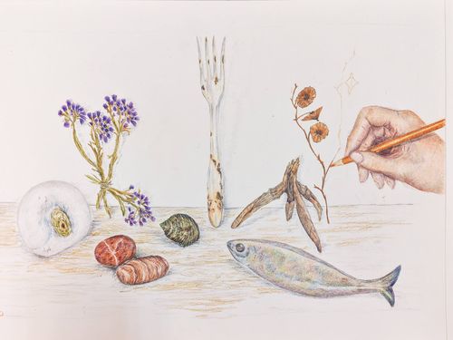 Art studio workspace with supplies