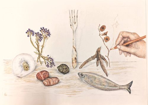 Graphite and pastel studies laid out across a drawing board